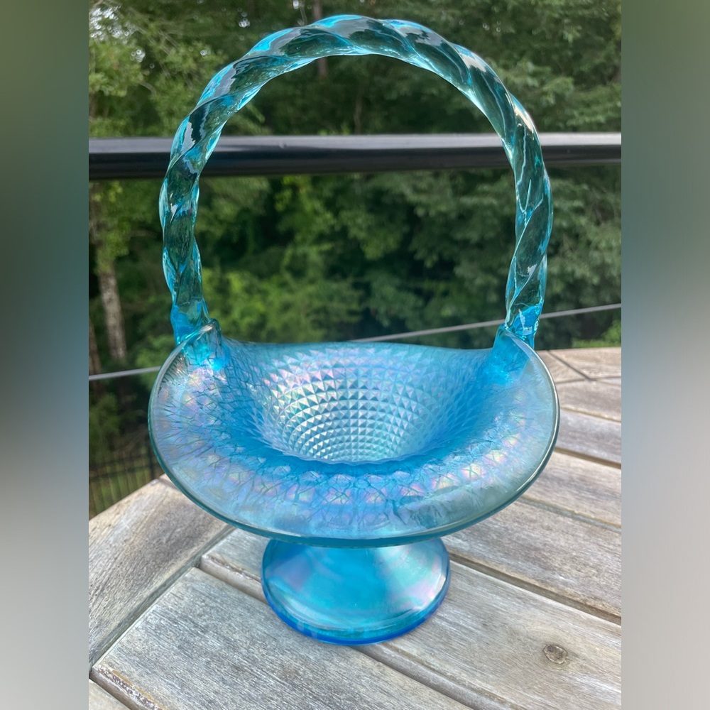 Fenton Blue Carnival Iridescent Glass Basket